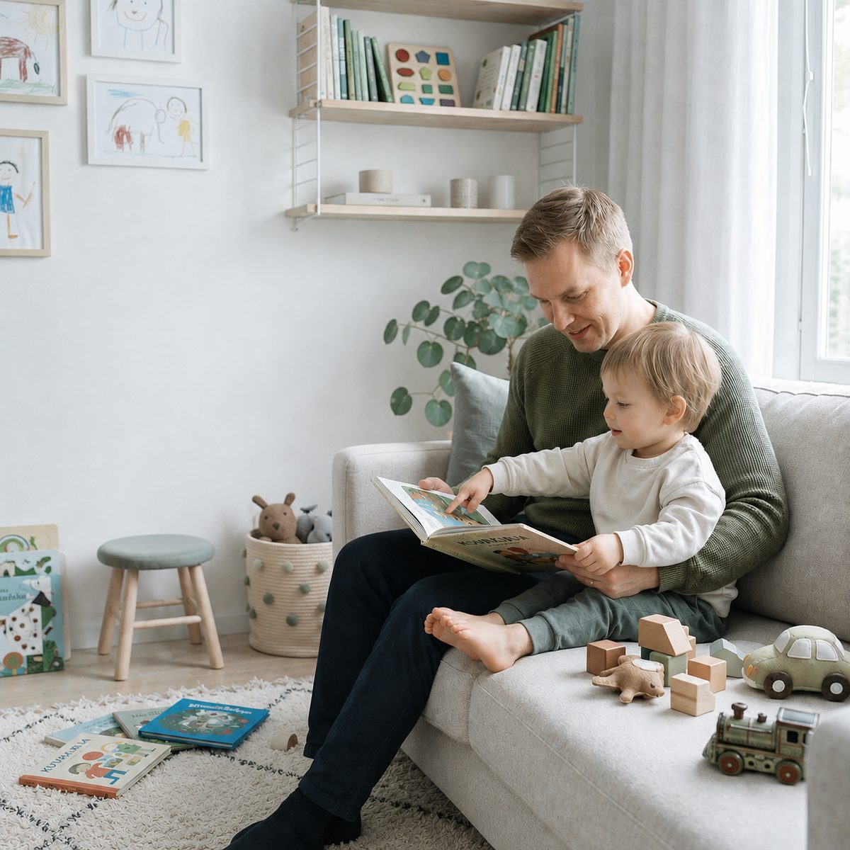 An adult and a child looking at a picture book together on the sofa
