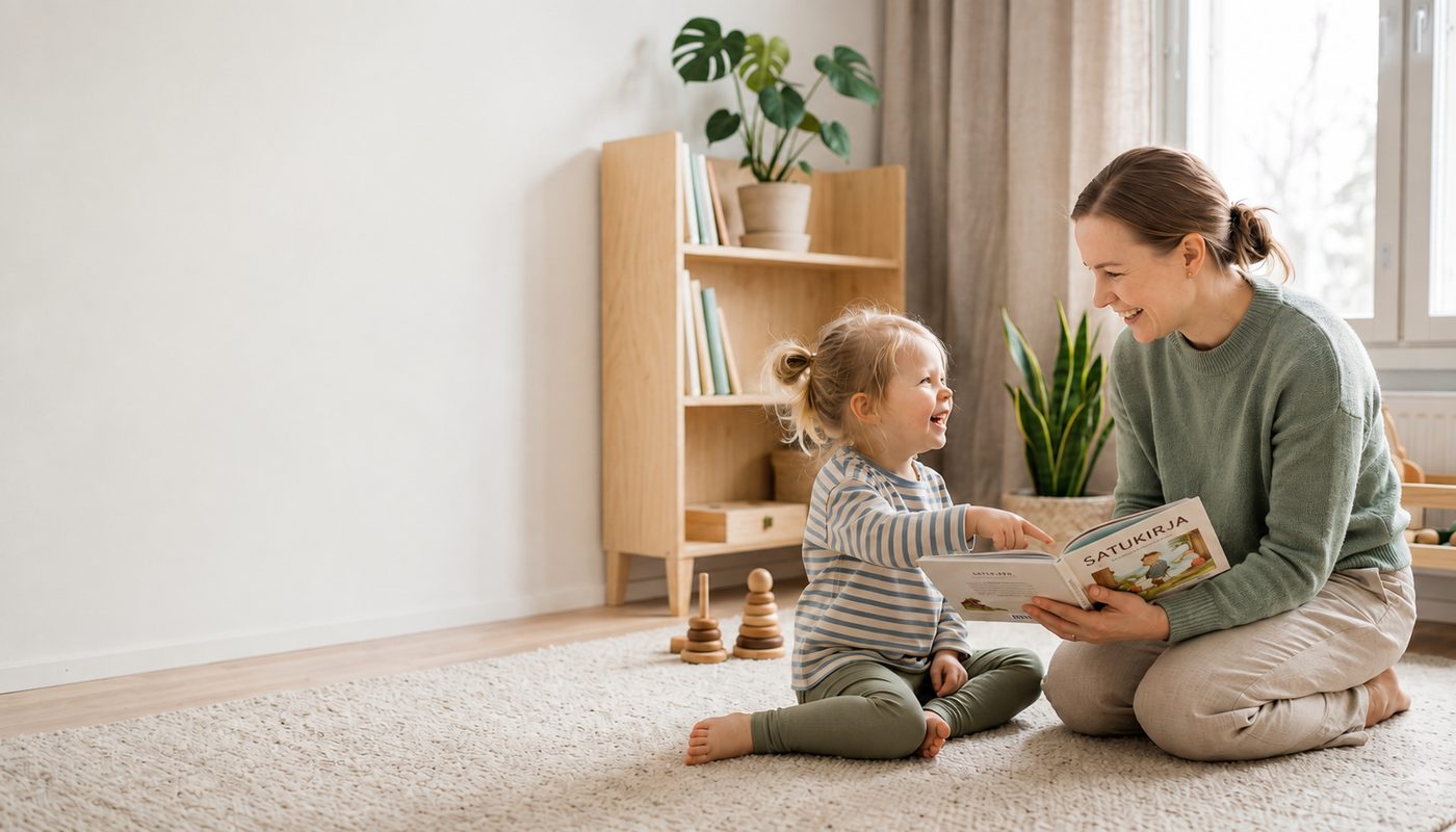 An adult and a child reading a storybook together, the child pointing at a picture