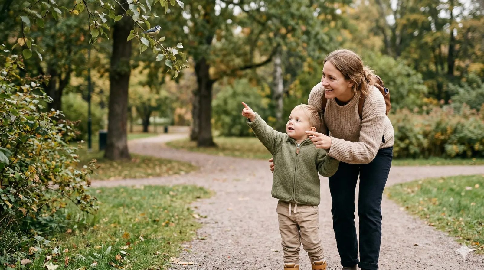 A child pointing at a bird on a branch together with an adult in an autumn park