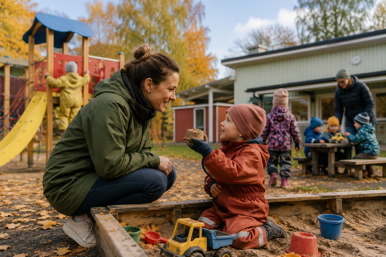 Aikuinen ja taapero leikkivät hiekkalaatikolla päiväkodin pihalla